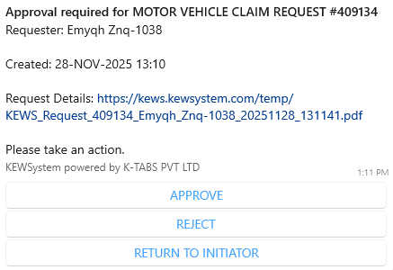 WhatsApp approval notification sample - KEWSystem workflow automation